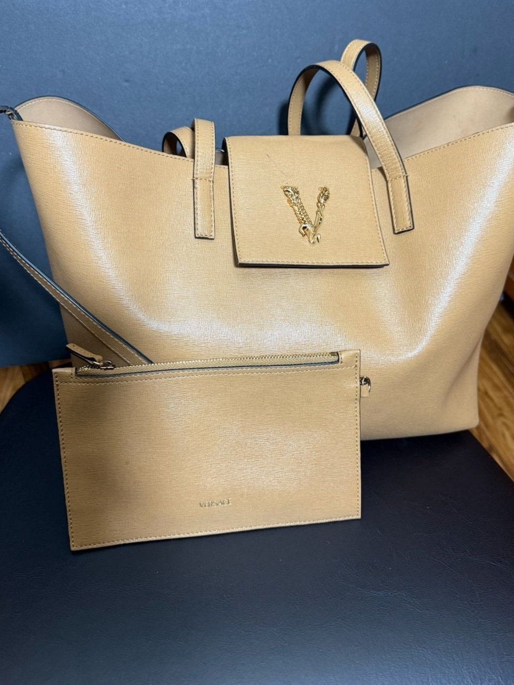 Versace Saffiano Virtus Leather Shoulder Tote In Caramel With Removable Pouch